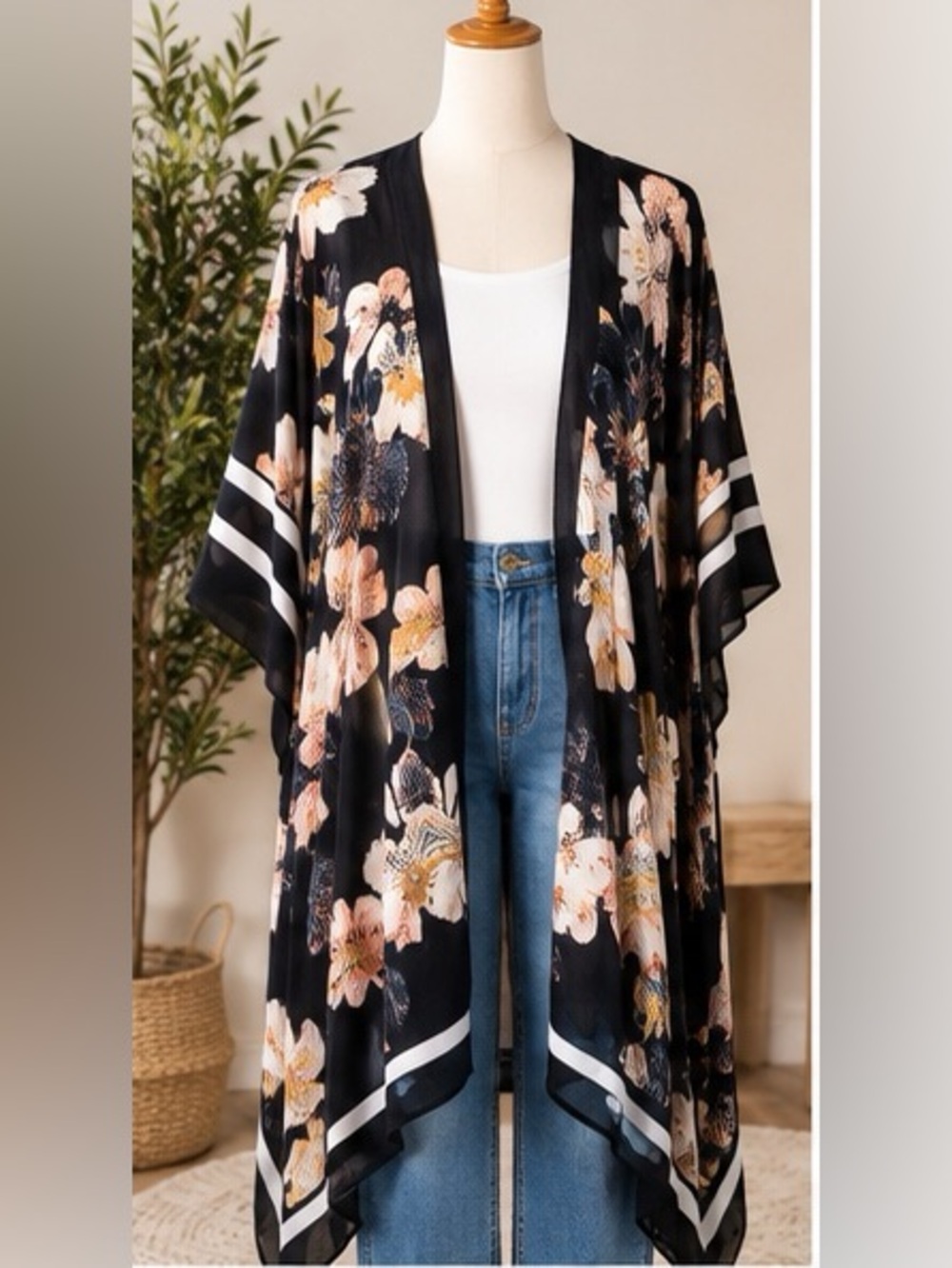 Black Floral Kimono Jacket - Women